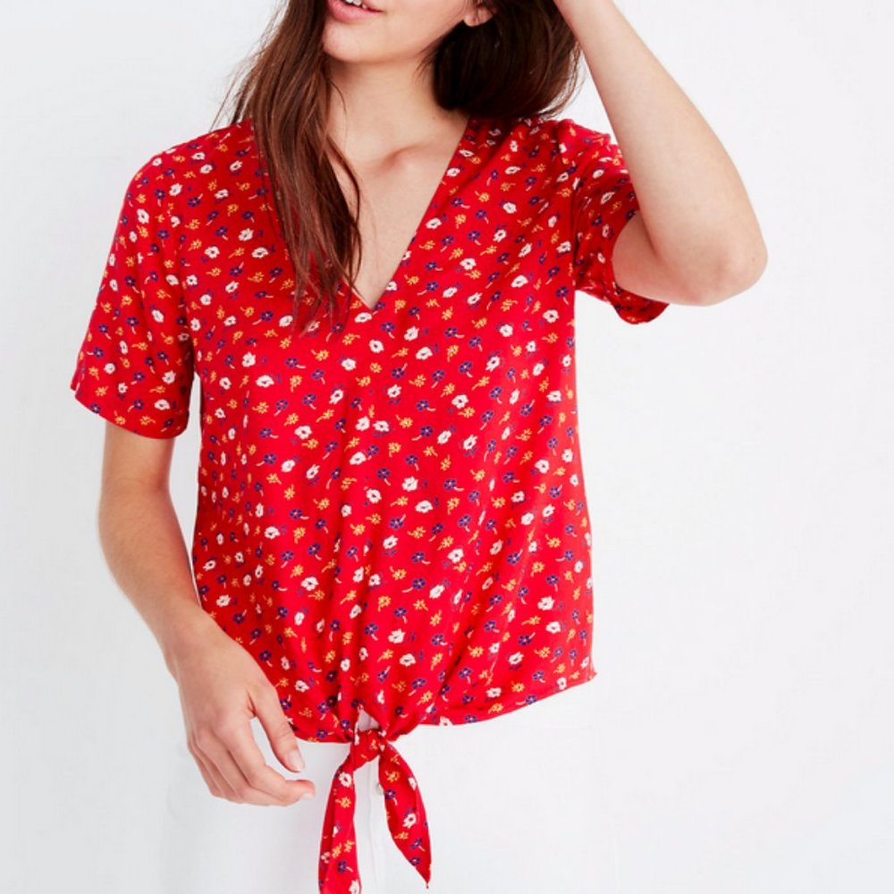 MADEWELL RED PRAIRIE POSIES SHORT SLEEVE NOVEL TIE-FRONT TOP